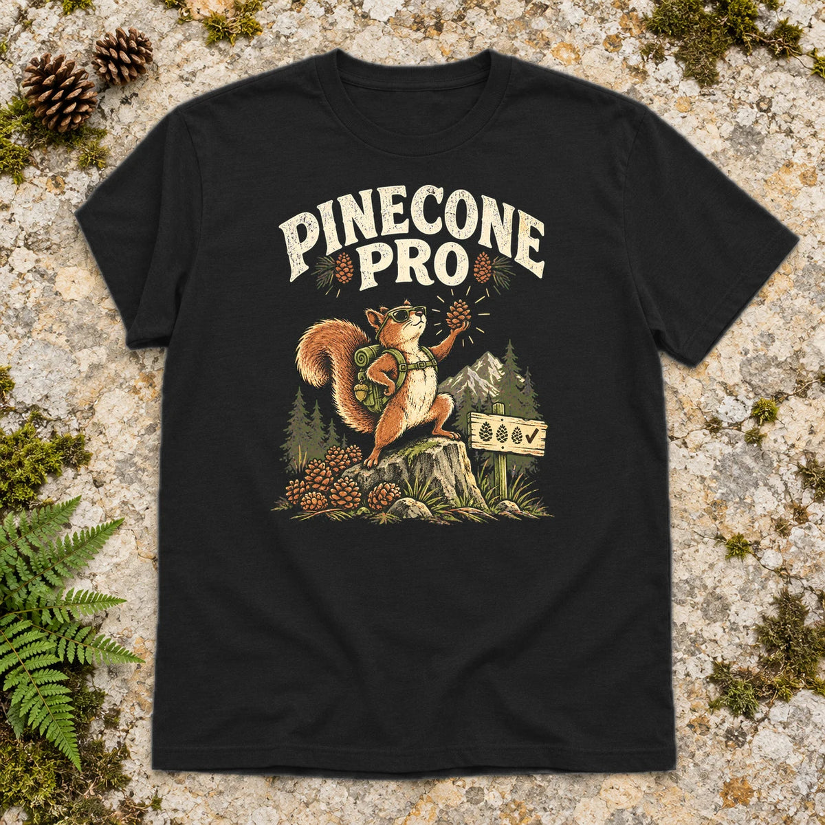 Pinecone Pro Vintage Hiker Squirrel Graphic Tee on Black Everyday Soft Tee