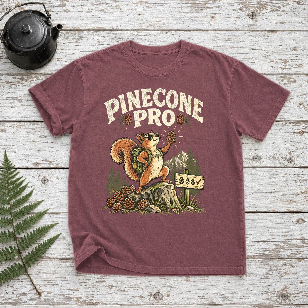 Pinecone Pro Vintage Hiker Squirrel Graphic Tee on Brick Premium Tee