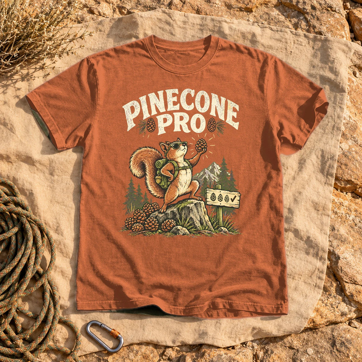Pinecone Pro Vintage Hiker Squirrel Graphic Tee on Yam Premium Tee