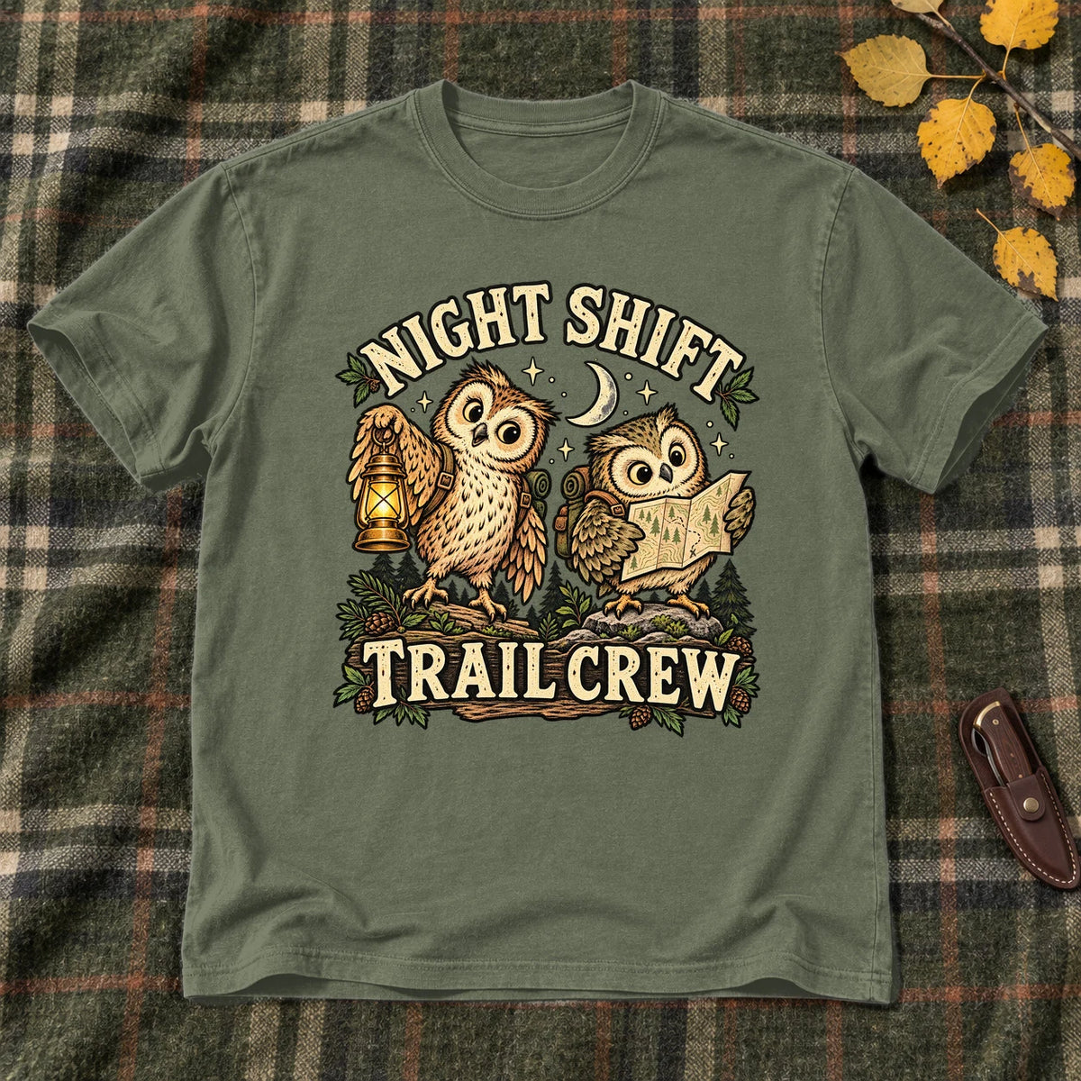 Night Shift Trail Crew Graphic Tee on Military Green Everyday Soft Tee