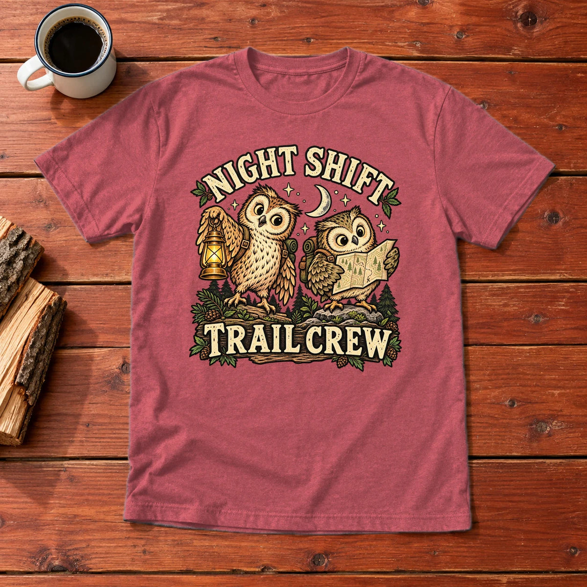Night Shift Trail Crew Graphic Tee on Heather Red Everyday Soft Tee