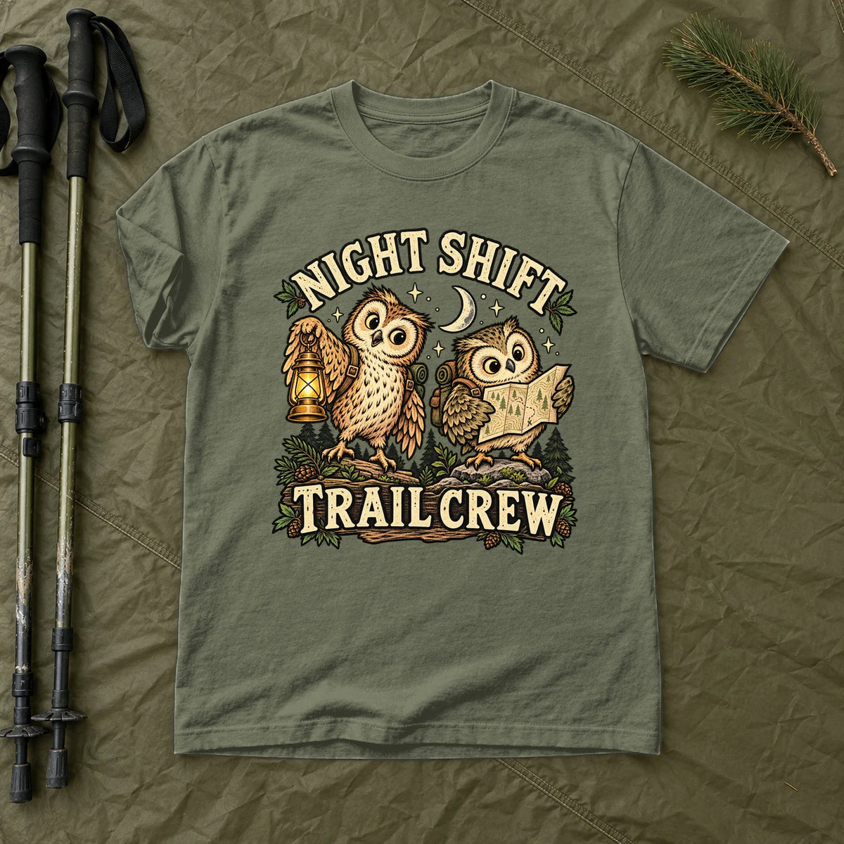 Night Shift Trail Crew Graphic Tee on Moss Premium Tee