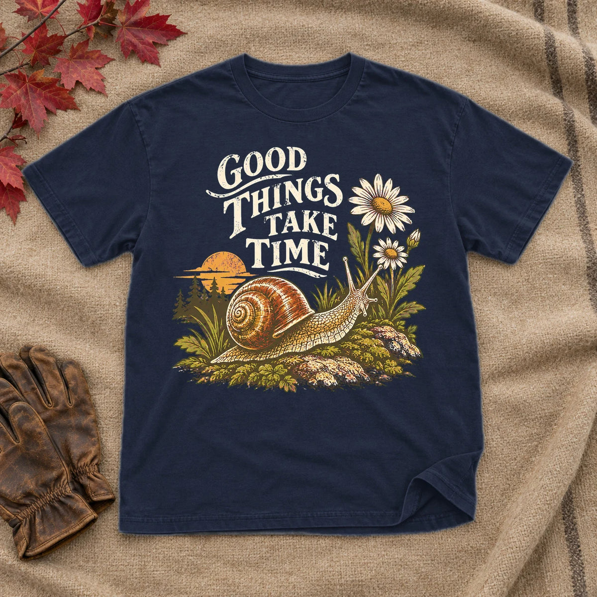 Good Things Take Time Snail Graphic Tee on Navy Everyday Soft Tee