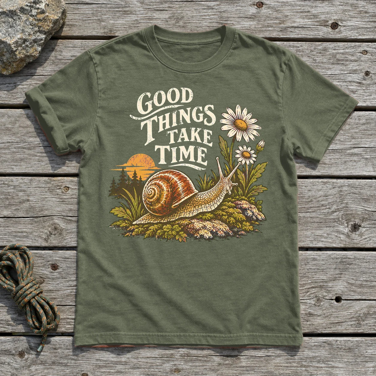 Good Things Take Time Snail Graphic Tee on Military Green Everyday Soft Tee