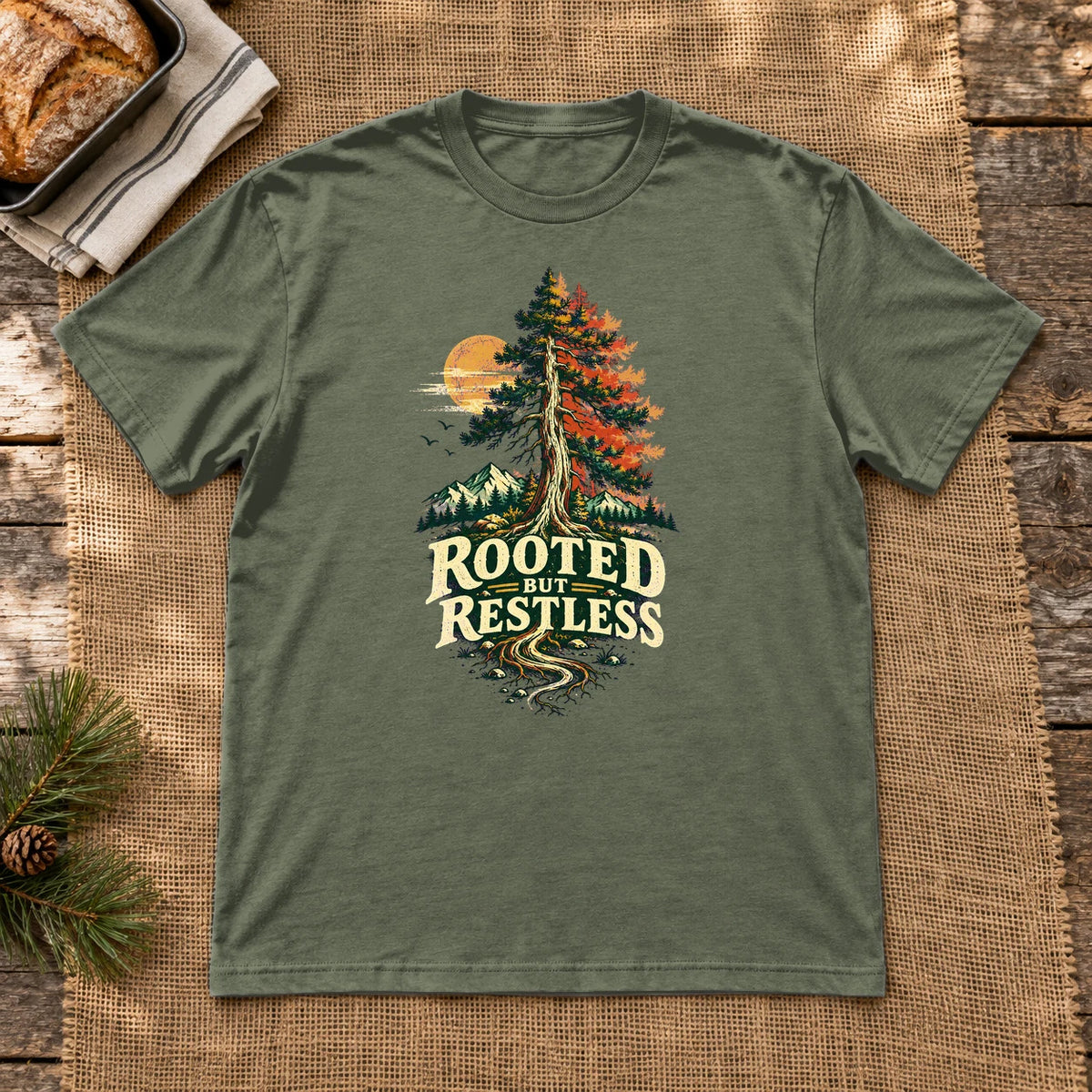 Rooted But Restless Graphic Tee on Military Green Everyday Soft Tee