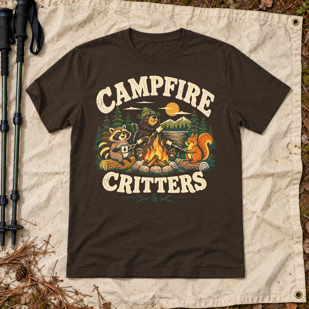Campfire Critters Vintage Graphic Tee on Dark Chocolate Everyday Soft Tee