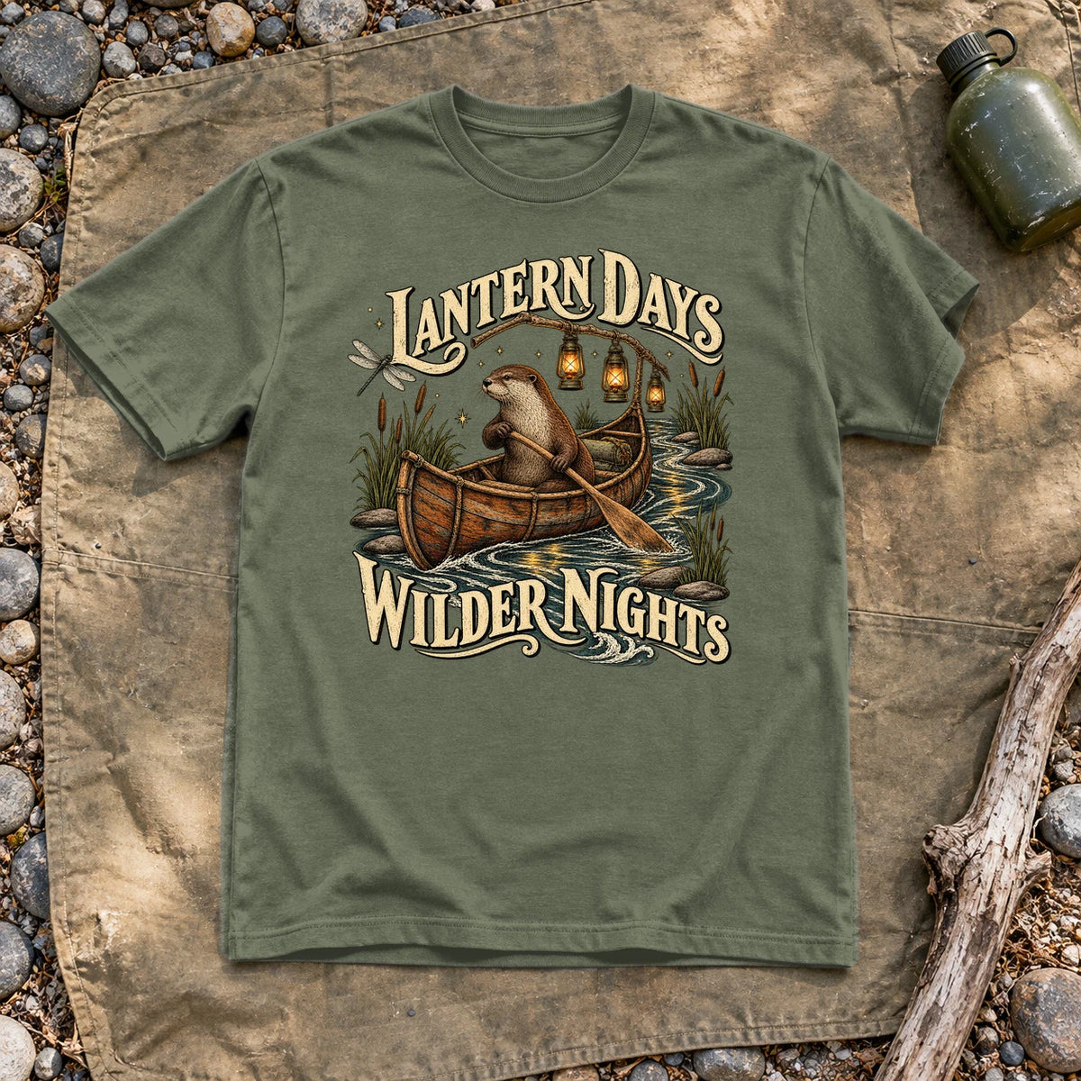 Lantern Days Wilder Nights Otter Graphic Tee on Military Green Everyday Soft Tee