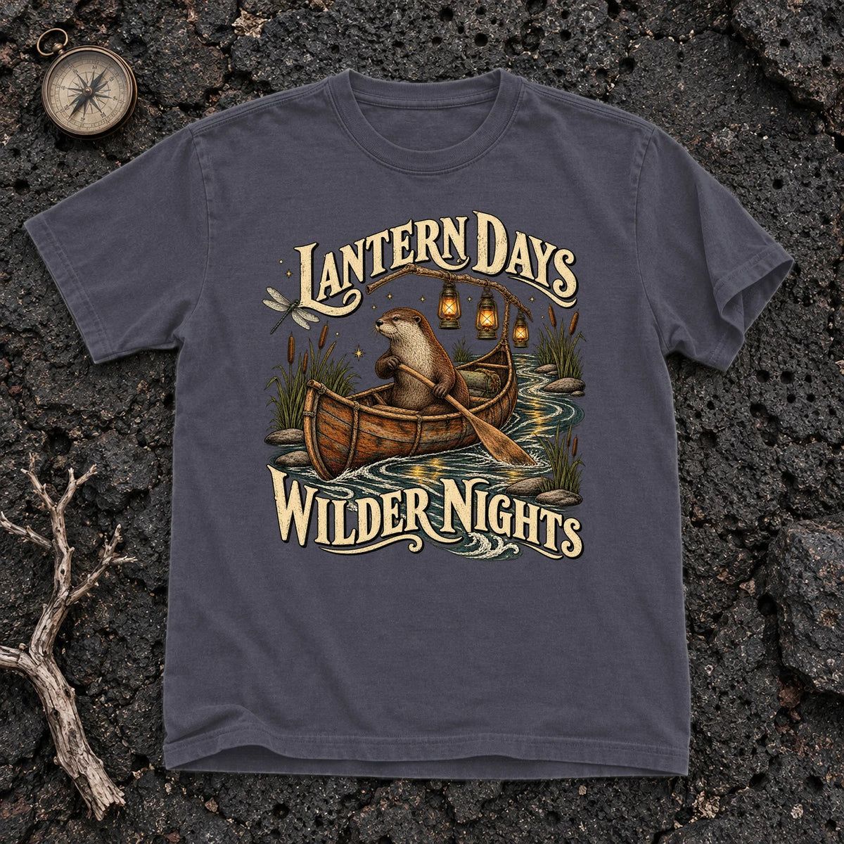 Lantern Days Wilder Nights Otter Graphic Tee on Navy Premium Tee