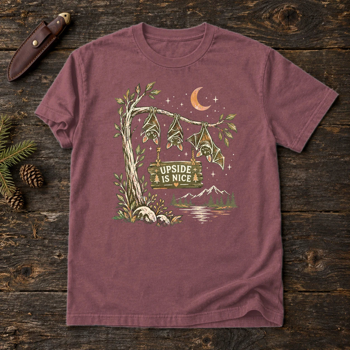 Upside Is Nice Bat Graphic Tee on Brick Premium Tee