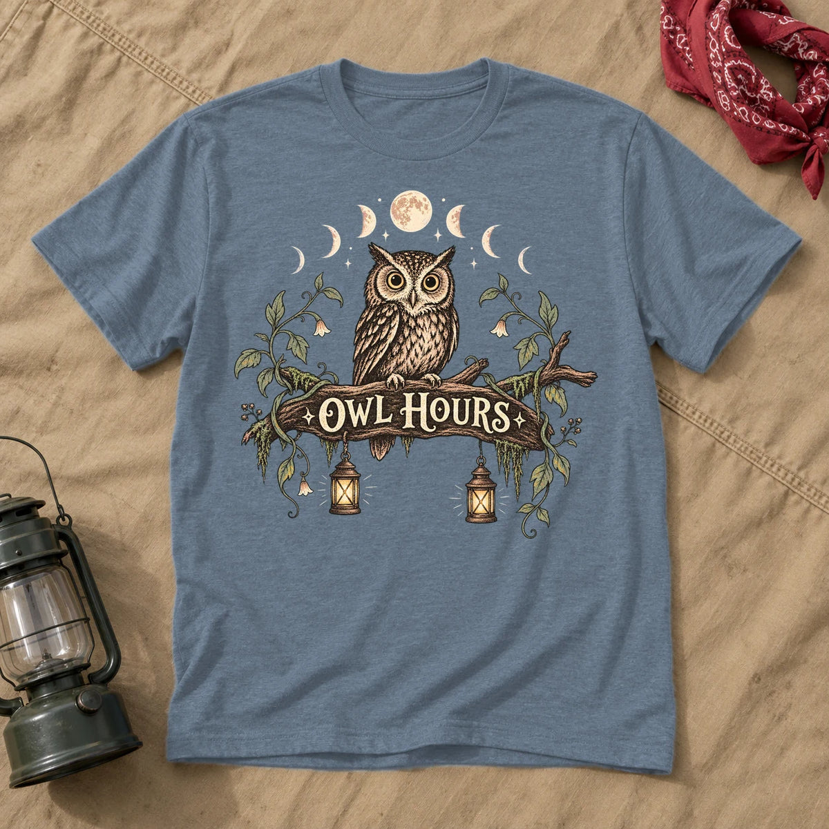 Owl Hours Celestial Forest Graphic Tee on Heather Indigo Everyday Soft Tee