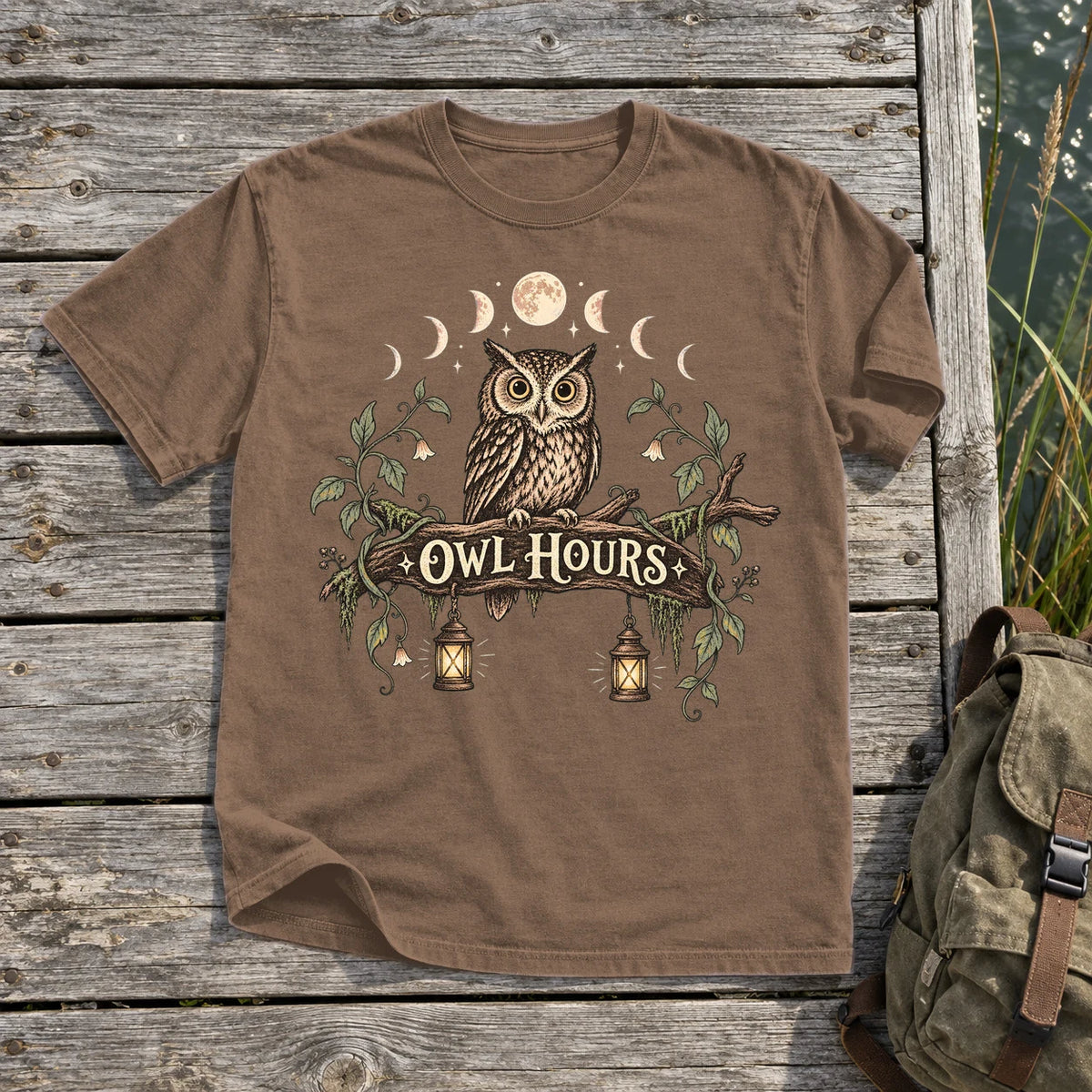 Owl Hours Celestial Forest Graphic Tee on Espresso Premium Tee