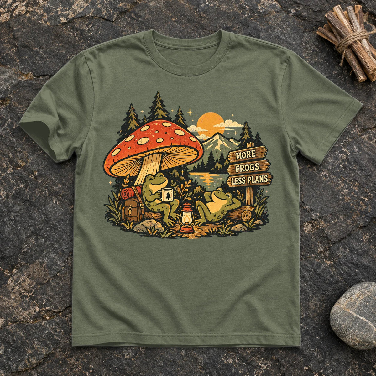 More Frogs Less Plans Graphic Tee on Military Green Everyday Soft Tee