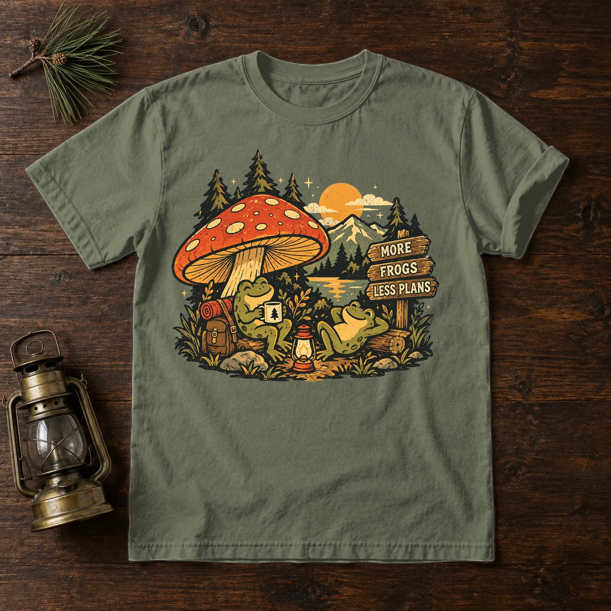 More Frogs Less Plans Graphic Tee on Moss Premium Tee