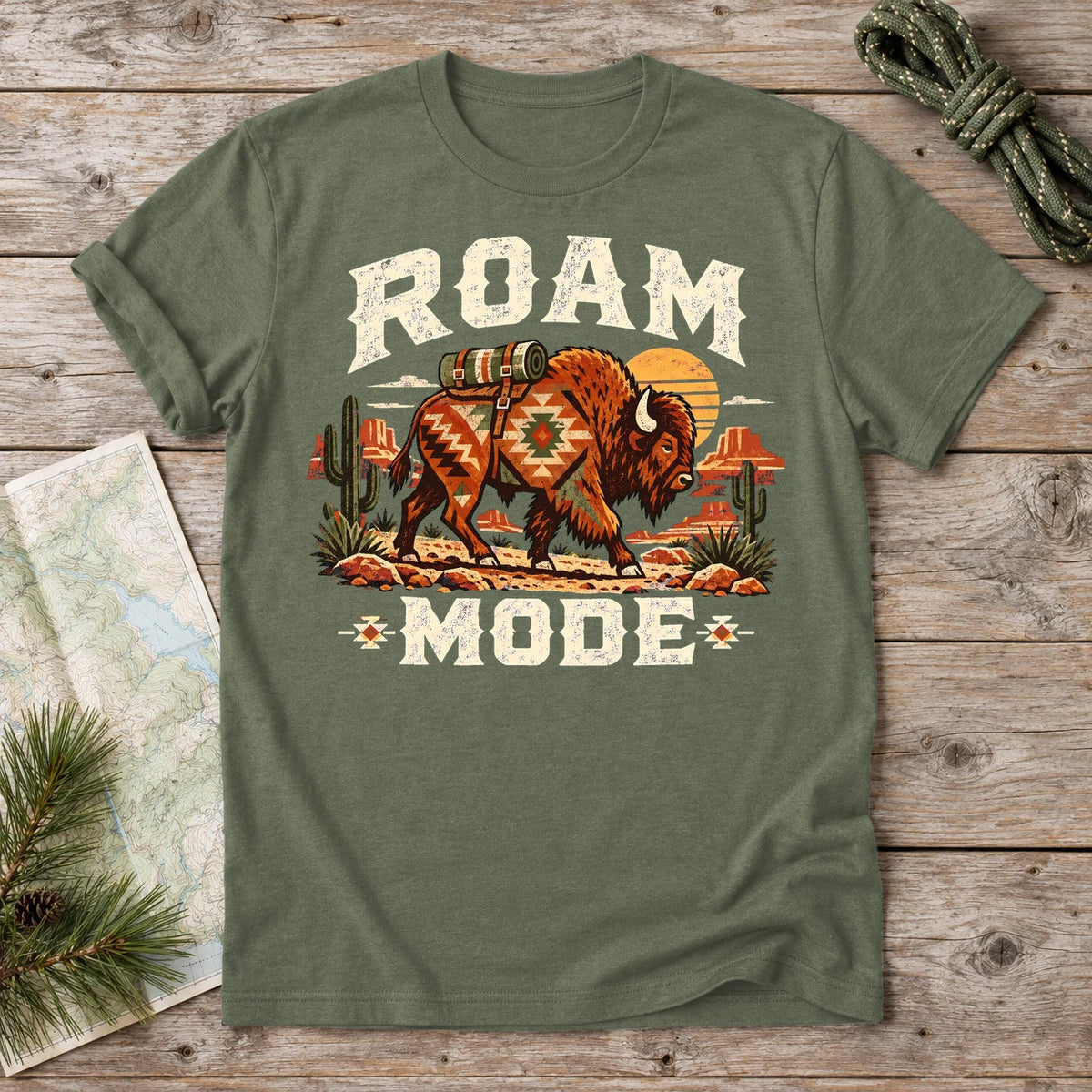 Roam Mode Desert Bison Graphic Tee on Military Green Everyday Soft Tee