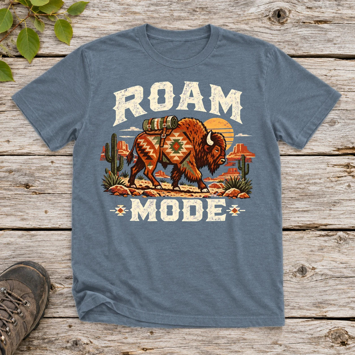 Roam Mode Desert Bison Graphic Tee on Heather Indigo Everyday Soft Tee