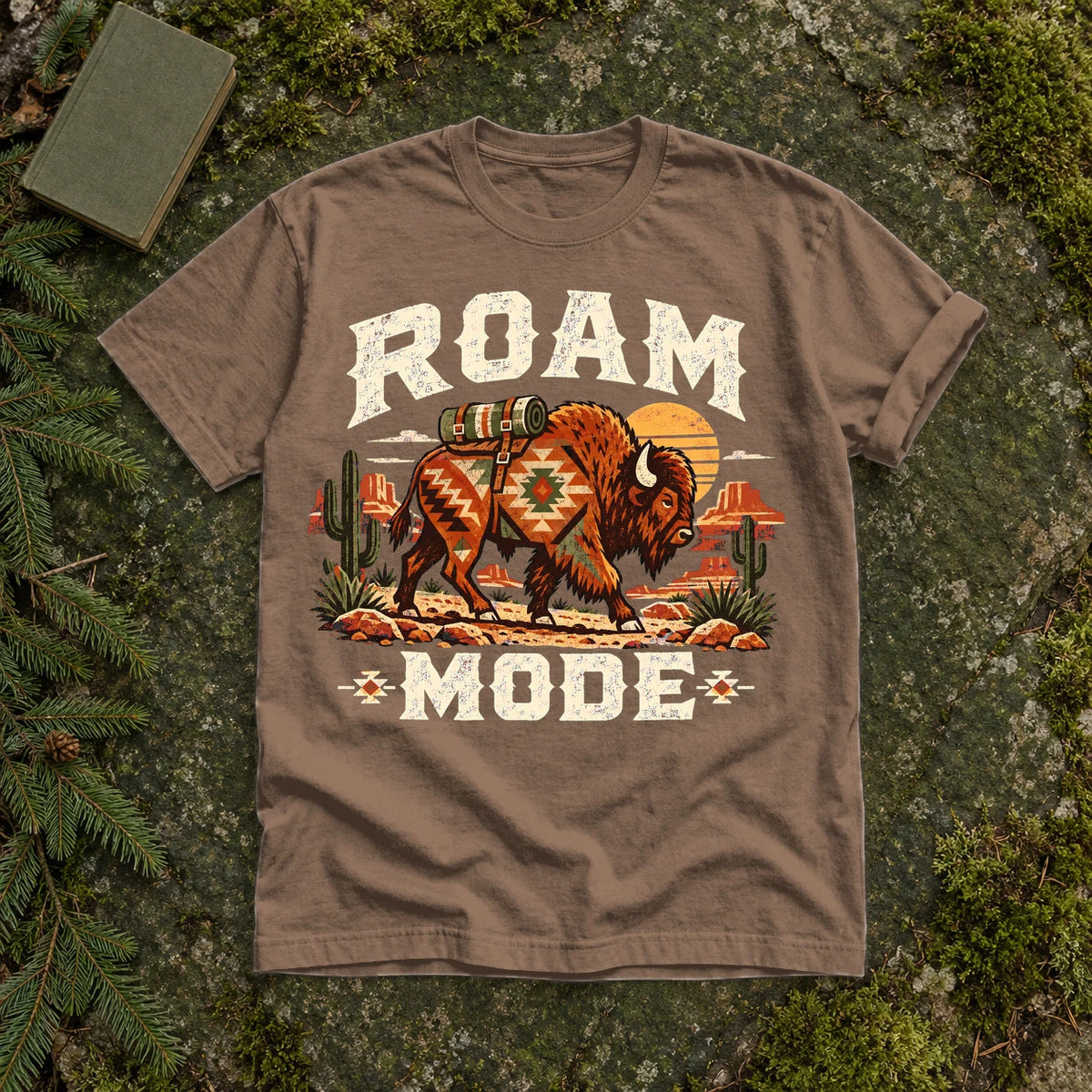 Roam Mode Desert Bison Graphic Tee on Espresso Premium Tee