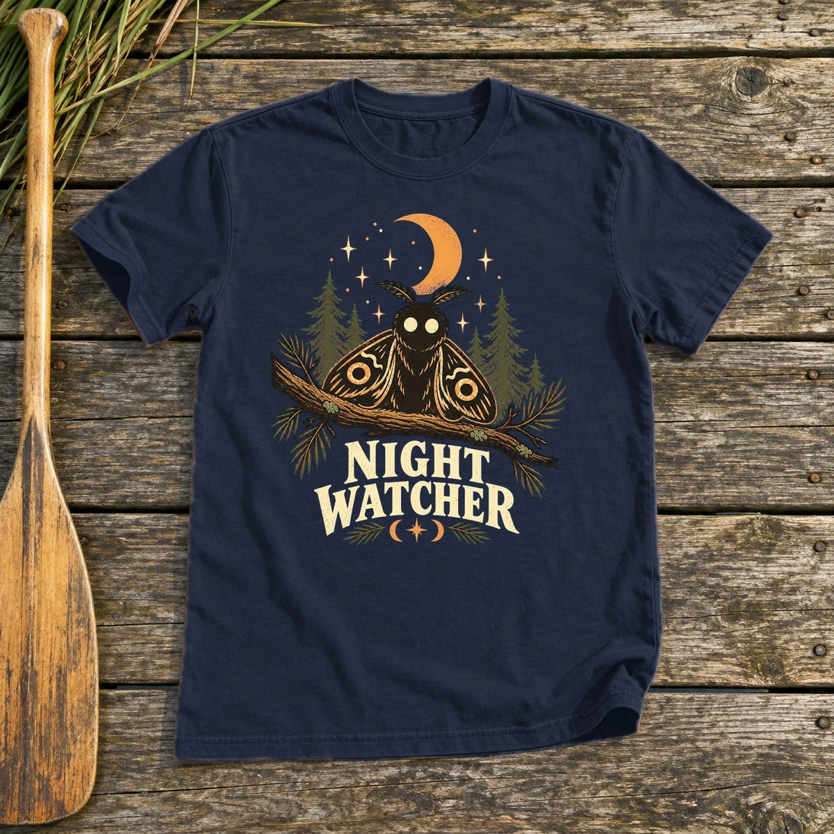 Night Watcher Moth Graphic Tee on Navy Everyday Soft Tee