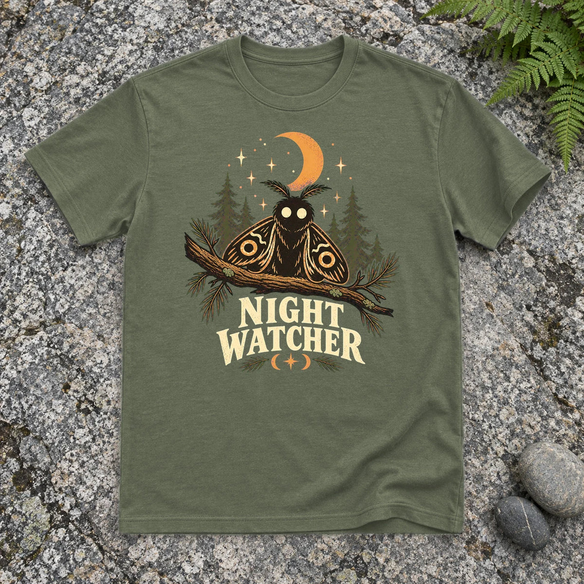 Night Watcher Moth Graphic Tee on Military Green Everyday Soft Tee