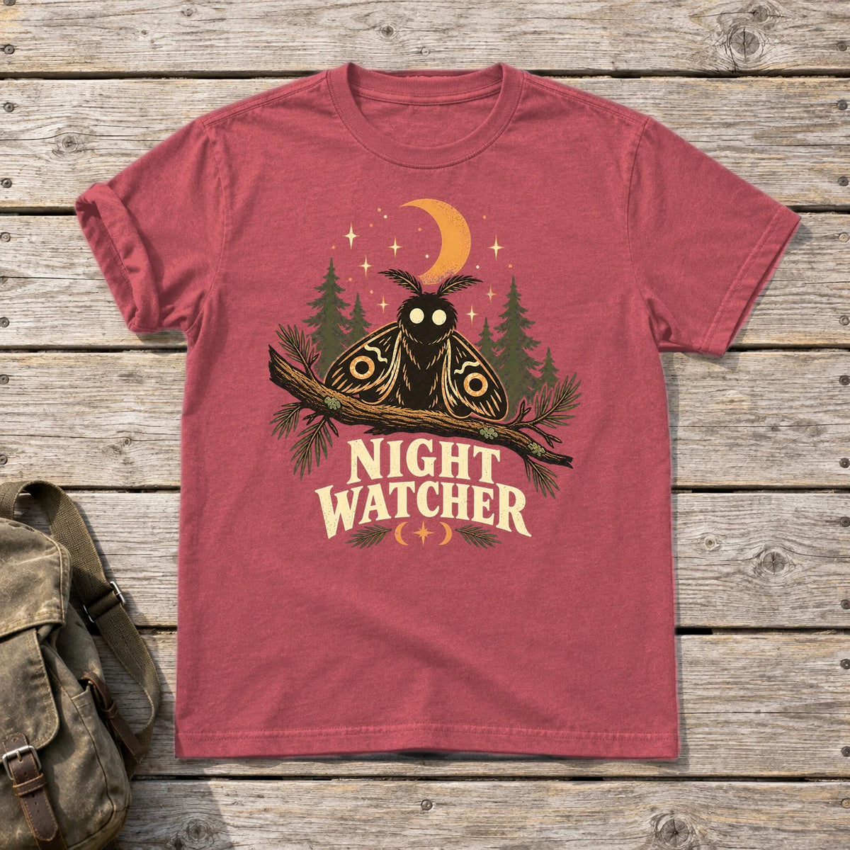 Night Watcher Moth Graphic Tee on Heather Red Everyday Soft Tee