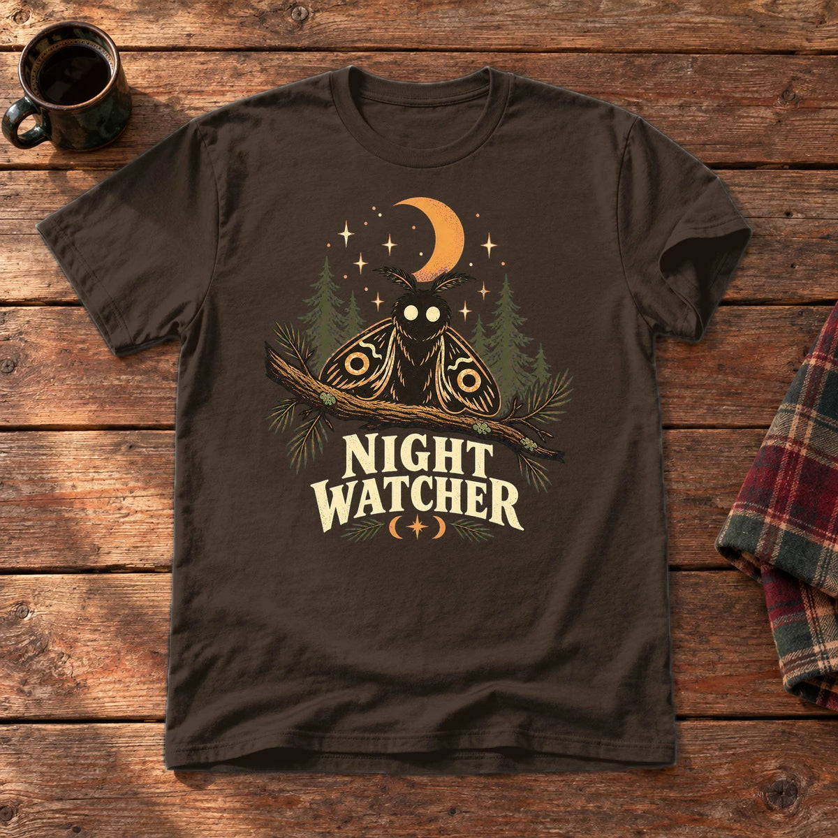 Night Watcher Moth Graphic Tee on Dark Chocolate Everyday Soft Tee