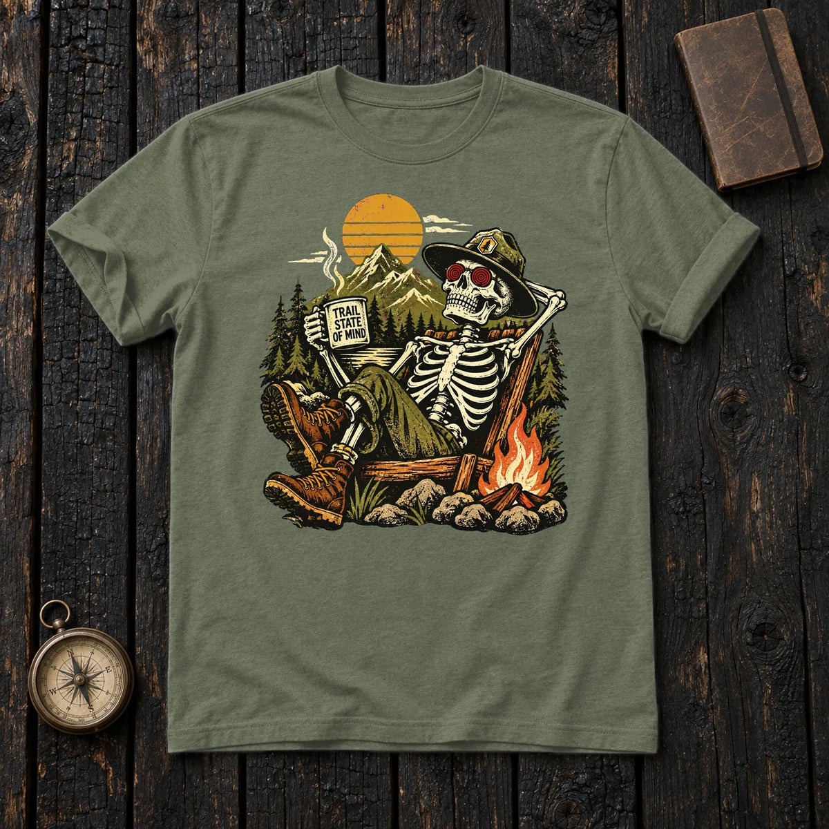 Trail State of Mind Skeleton Graphic Tee on Military Green Everyday Soft Tee