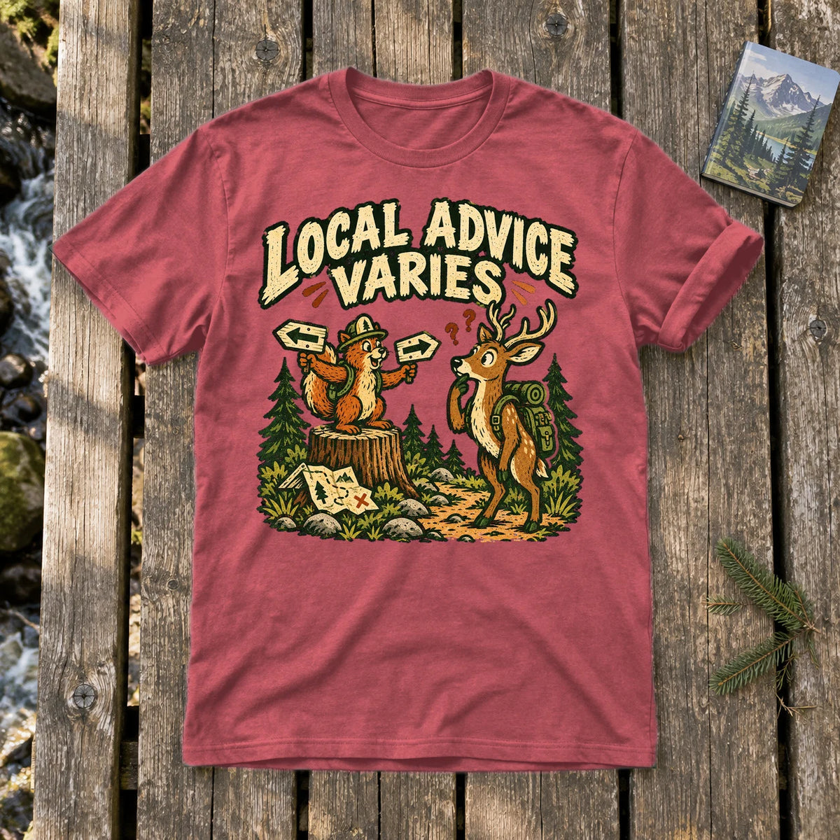 Local Advice Varies Vintage Trail Graphic Tee on Heather Red Everyday Soft Tee
