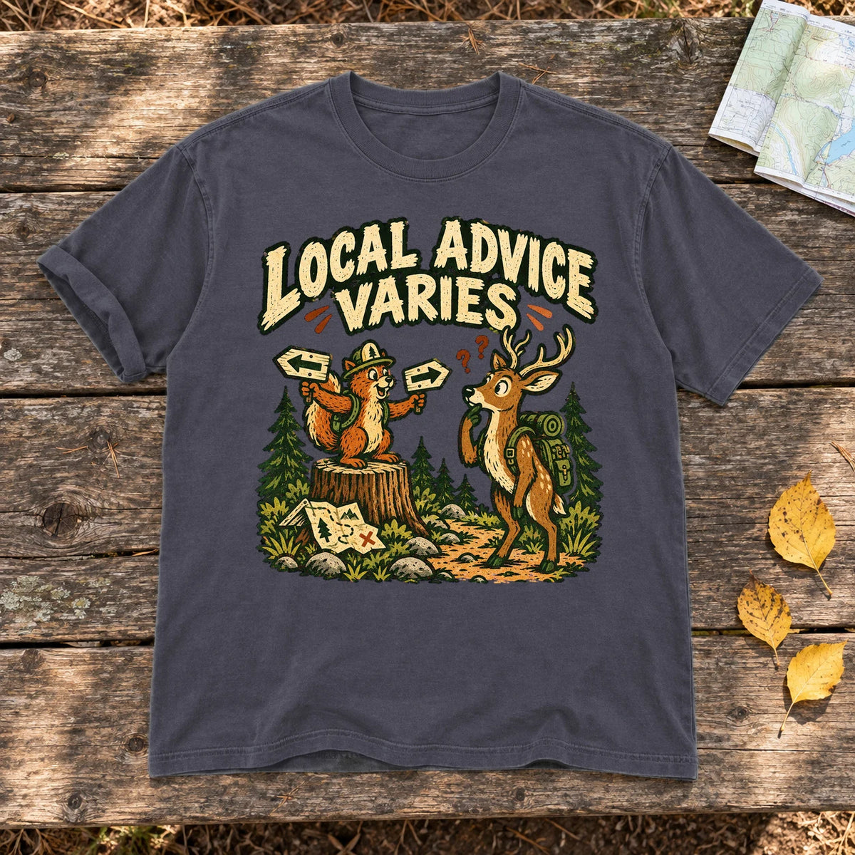 Local Advice Varies Vintage Trail Graphic Tee on Navy Premium Tee