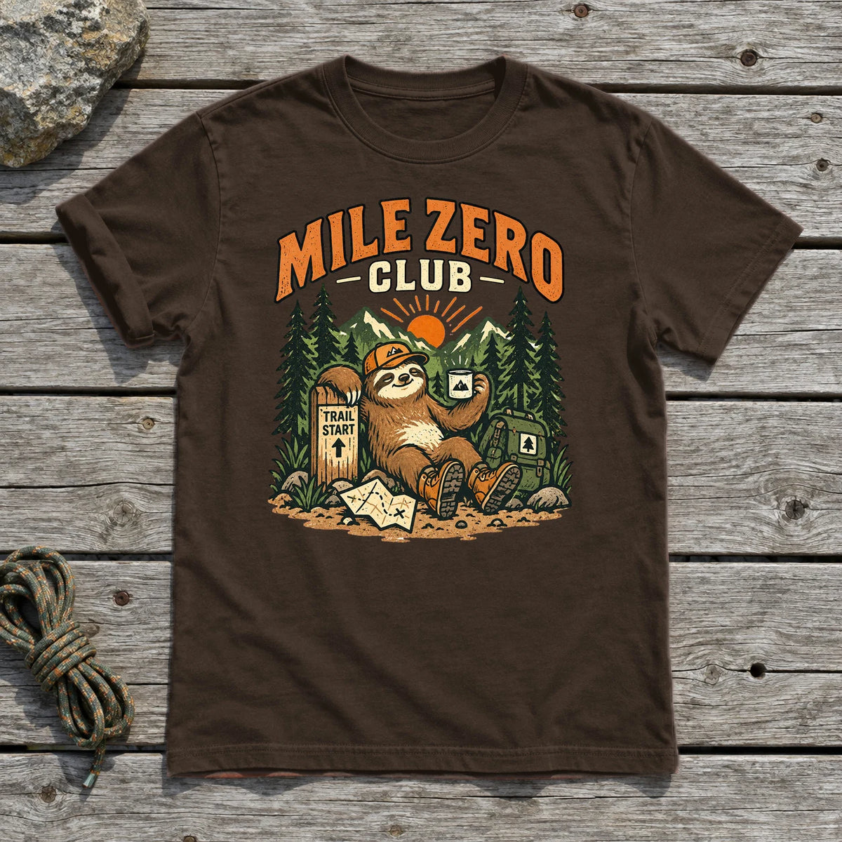 Mile Zero Club Sloth Hiking Graphic Tee on Dark Chocolate Everyday Soft Tee