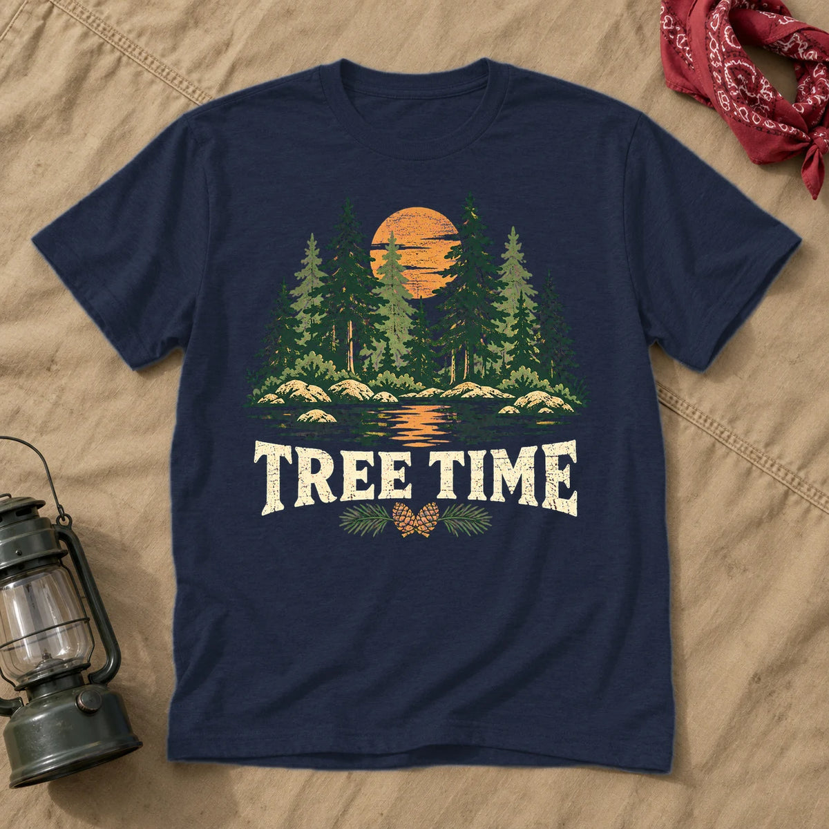 Tree Time Vintage Nature Graphic Tee on Navy Everyday Soft Tee