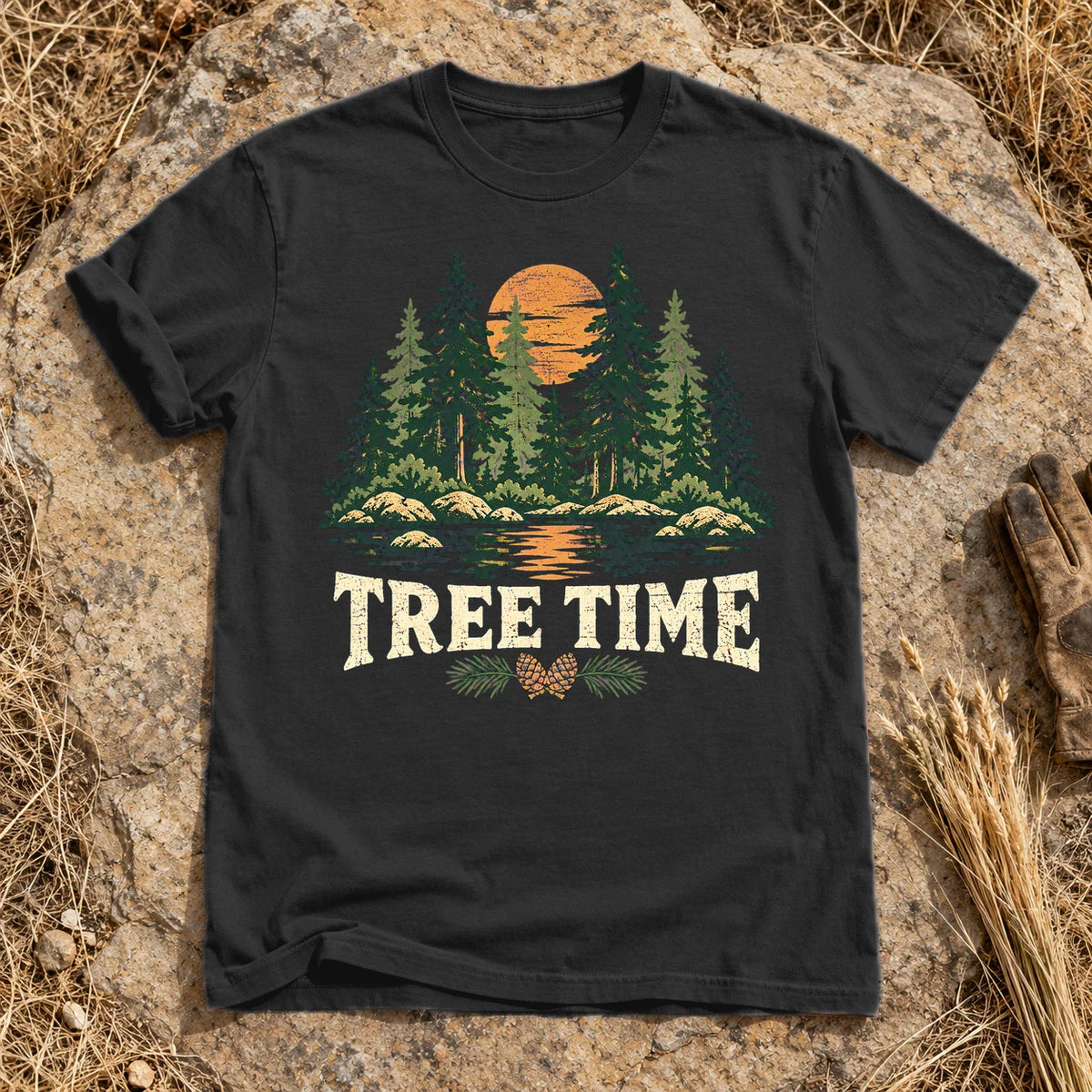 Tree Time Vintage Nature Graphic Tee on Black Premium Tee