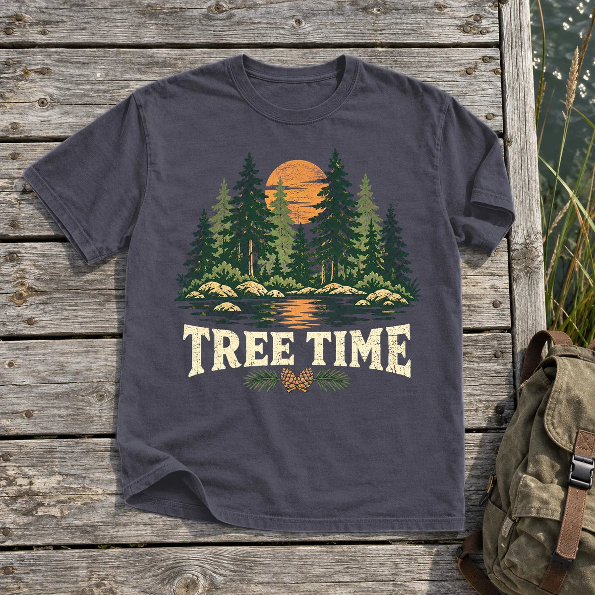 Tree Time Vintage Nature Graphic Tee on Navy Premium Tee