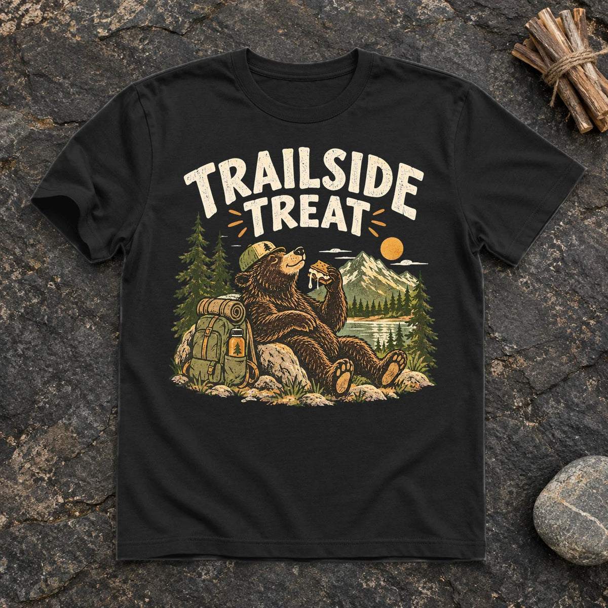 Trailside Treat Hiking Bear Graphic Tee on Black Everyday Soft Tee