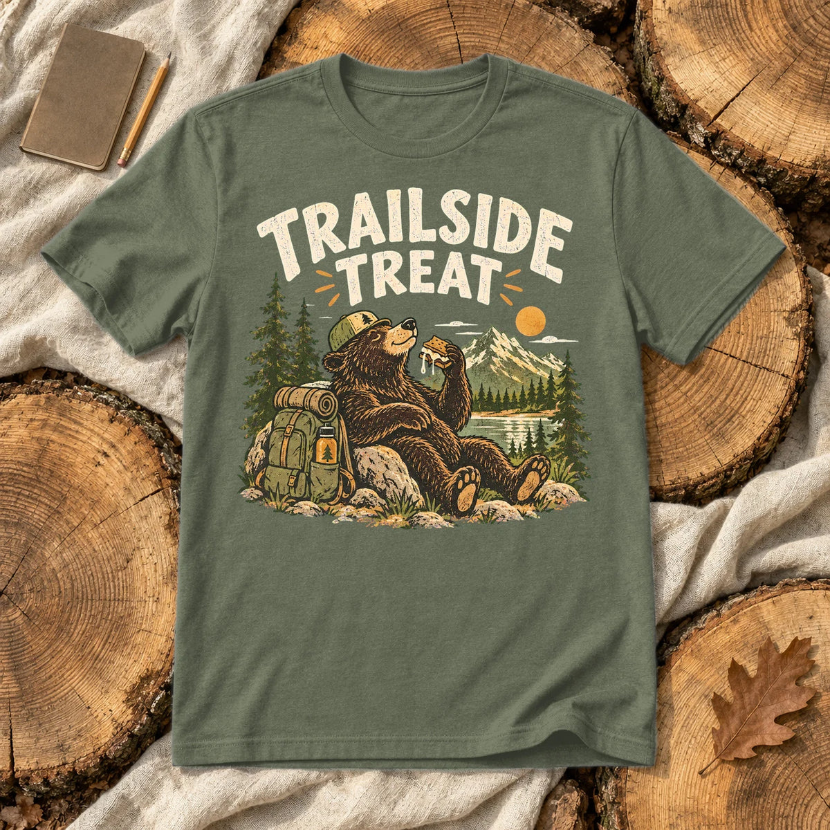 Trailside Treat Hiking Bear Graphic Tee on Military Green Everyday Soft Tee