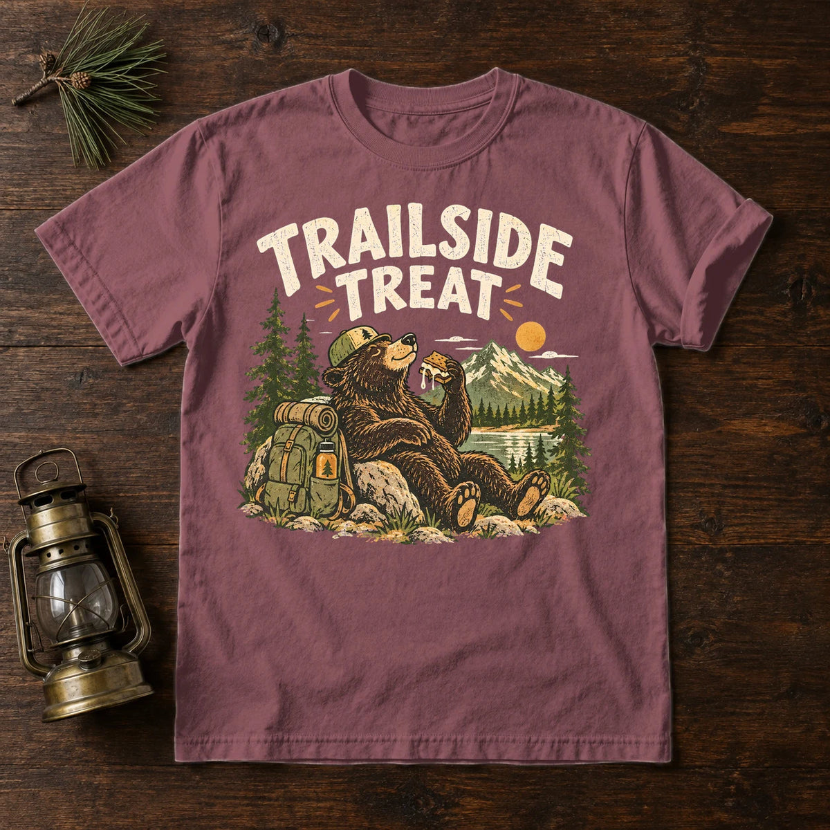 Trailside Treat Hiking Bear Graphic Tee on Brick Premium Tee