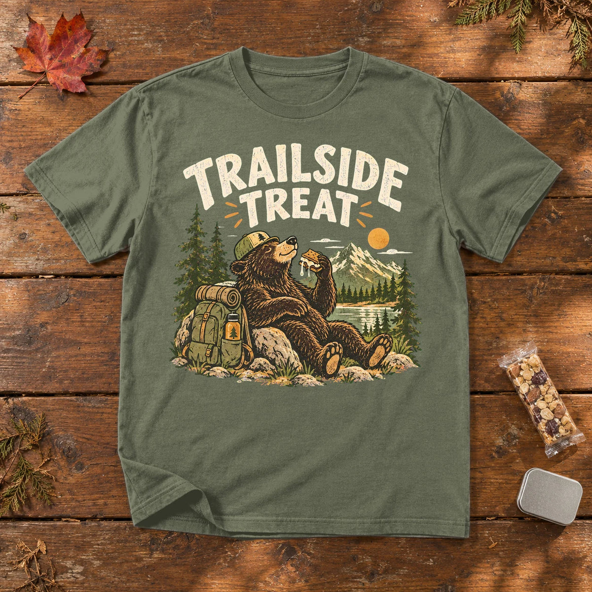 Trailside Treat Hiking Bear Graphic Tee on Moss Premium Tee