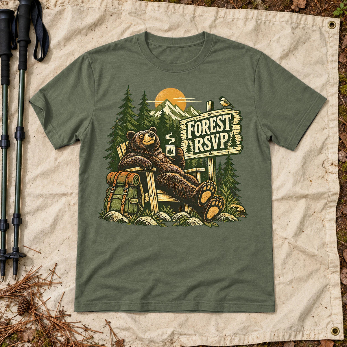 Forest RSVP Vintage Bear Graphic Tee on Military Green Everyday Soft Tee