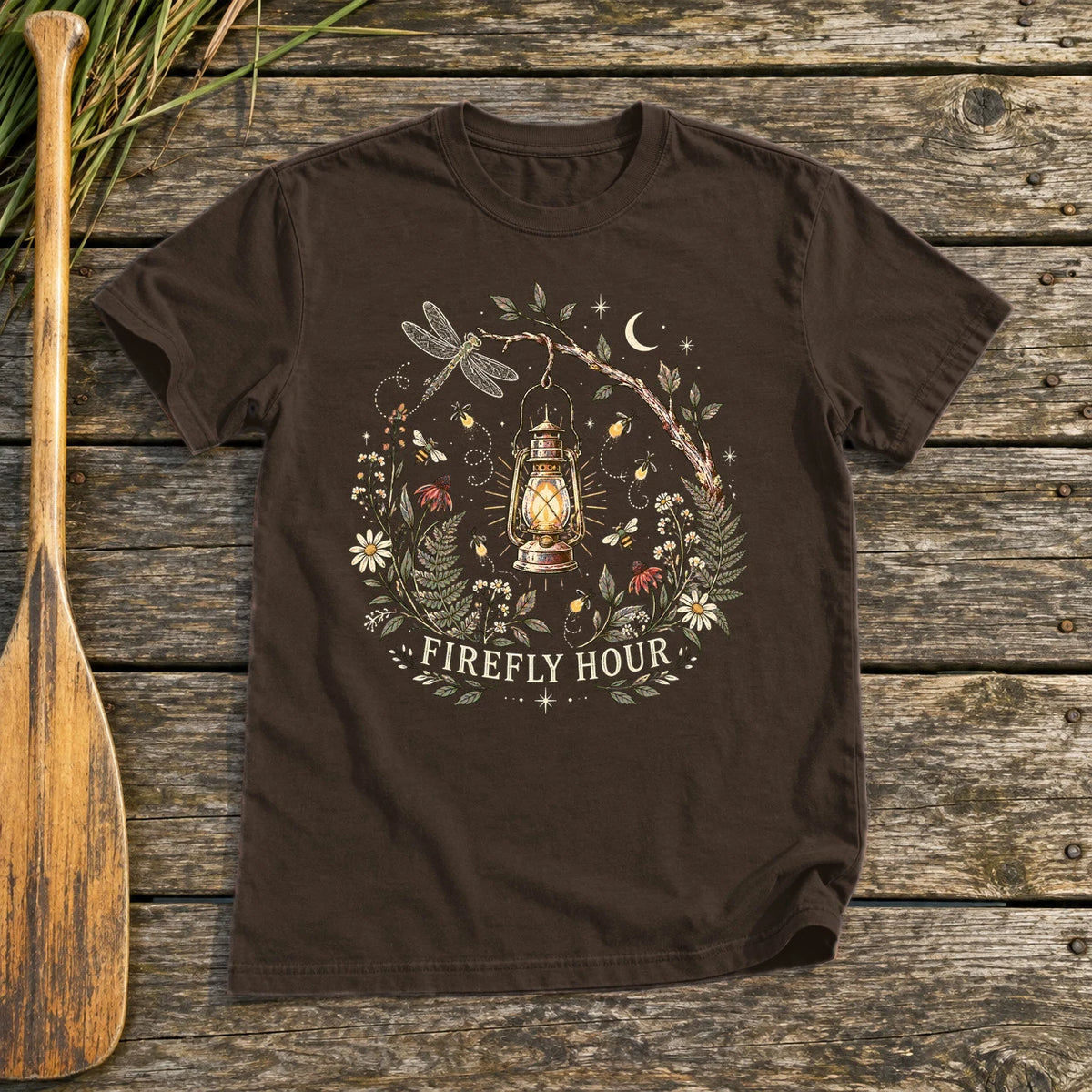 Firefly Hour Vintage Lantern Graphic Tee on Dark Chocolate Everyday Soft Tee