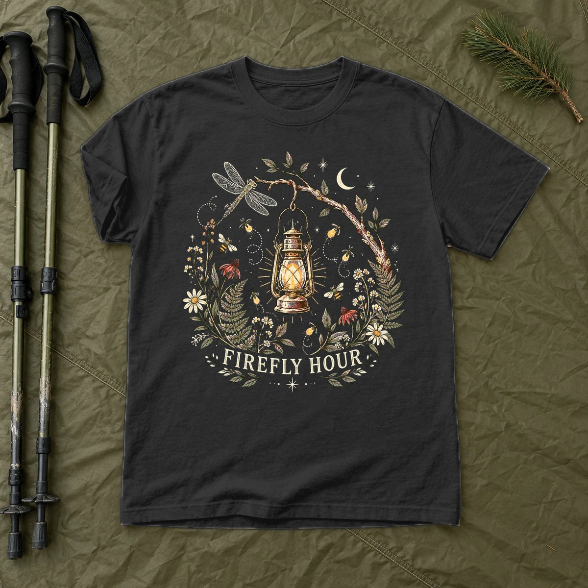 Firefly Hour Vintage Lantern Graphic Tee on Black Premium Tee