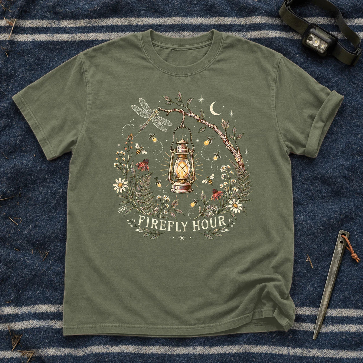 Firefly Hour Vintage Lantern Graphic Tee on Moss Premium Tee