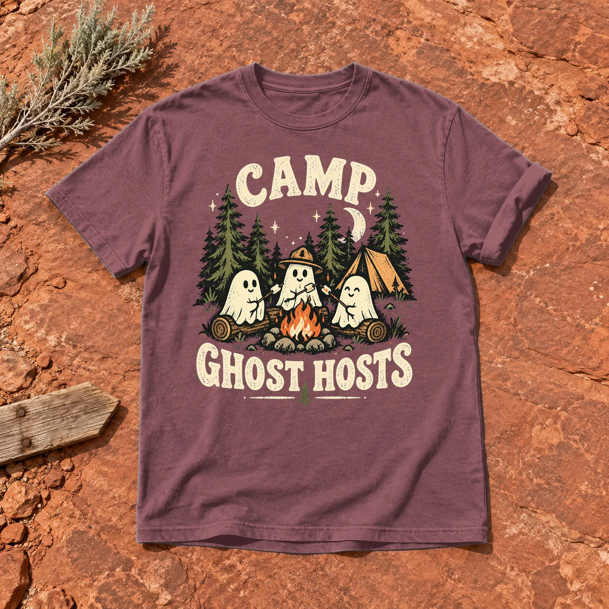 Camp Ghost Hosts Graphic Tee on Brick Premium Tee