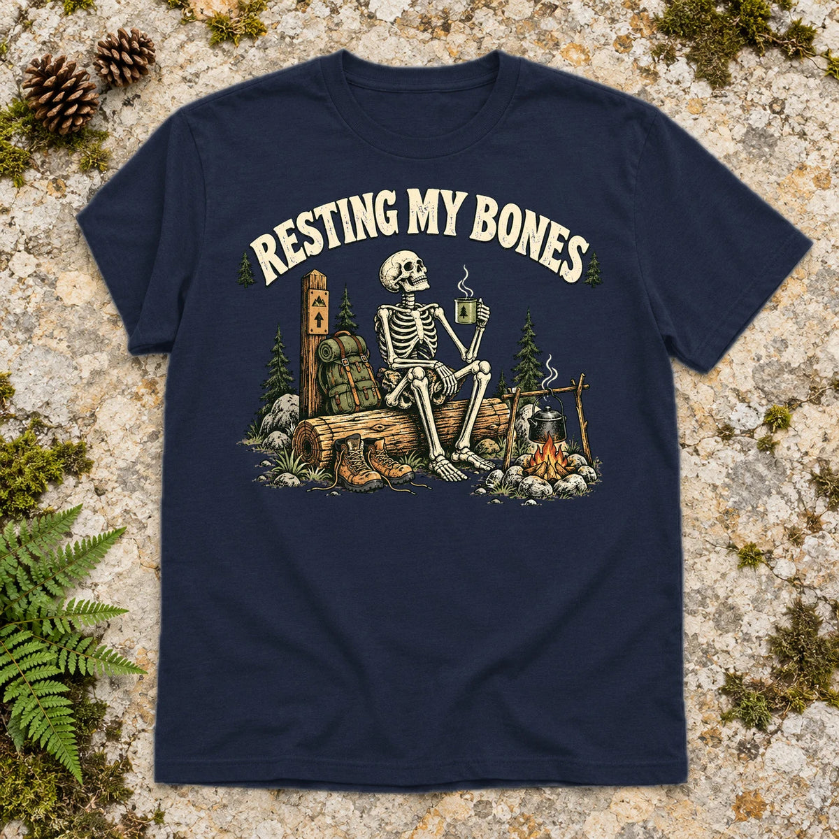 Resting My Bones Camping Graphic Tee on Navy Everyday Soft Tee
