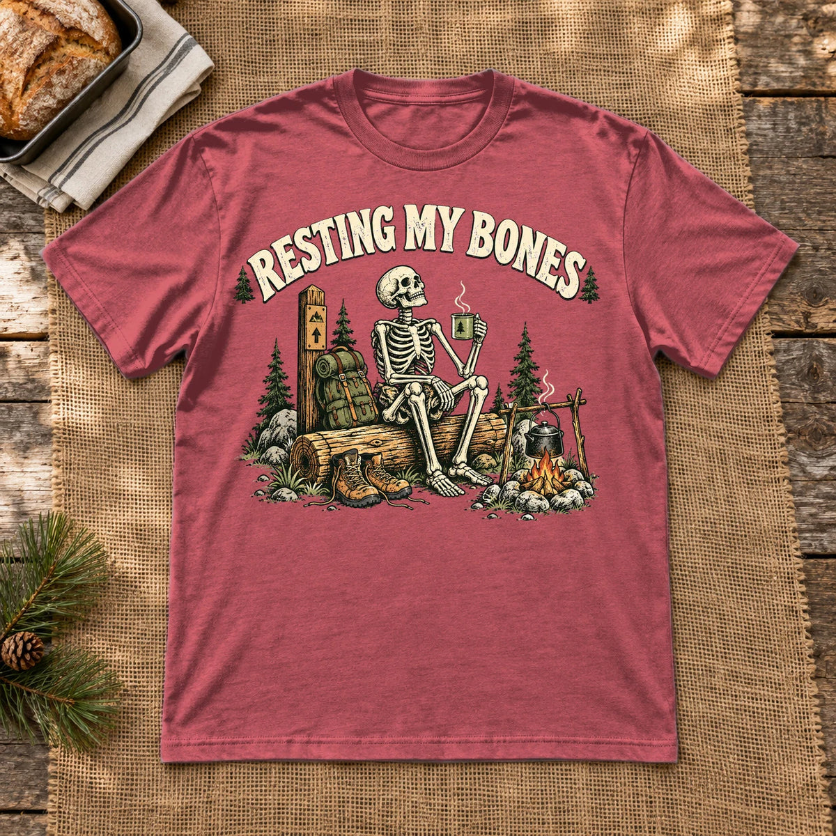 Resting My Bones Camping Graphic Tee on Heather Red Everyday Soft Tee