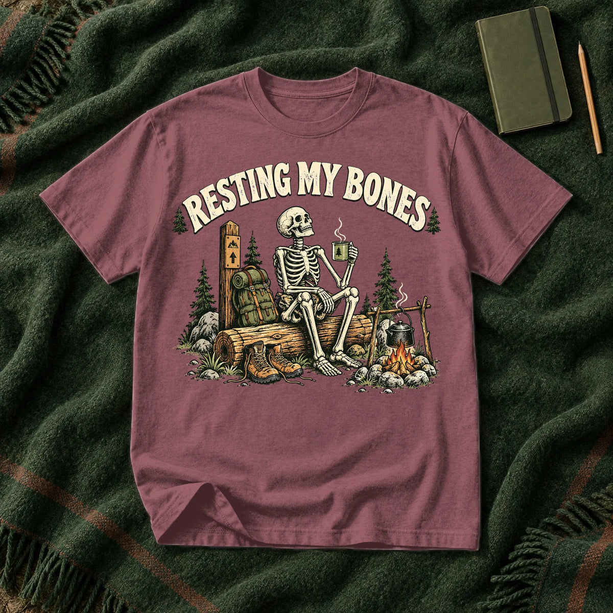 Resting My Bones Camping Graphic Tee on Brick Premium Tee