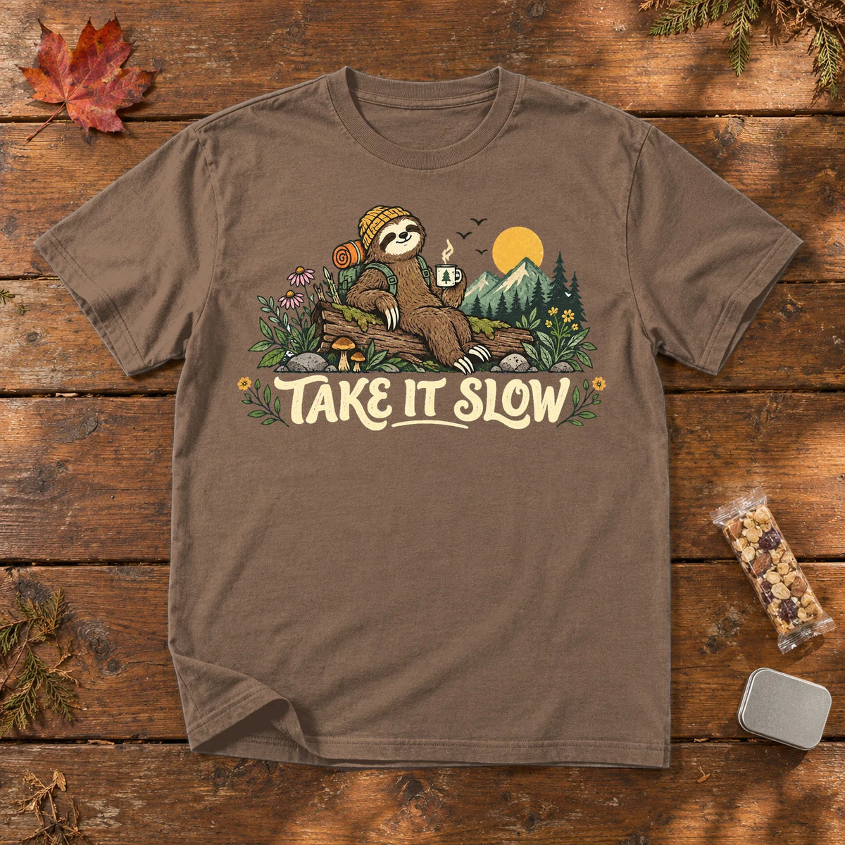 Take It Slow Camping Sloth Graphic Tee on Espresso Premium Tee