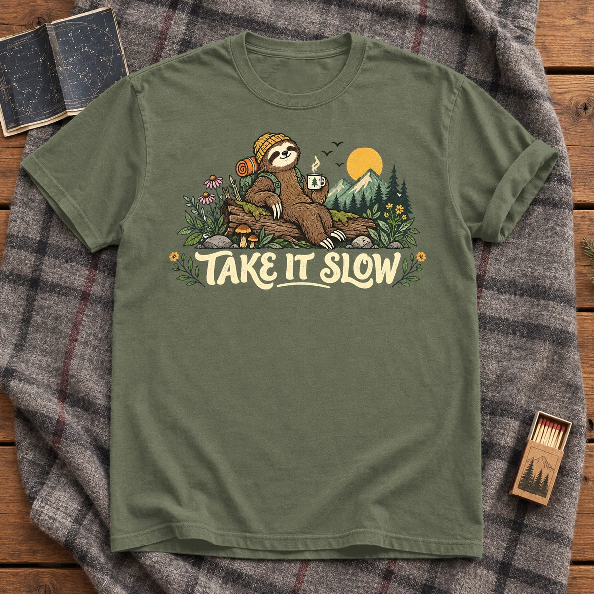 Take It Slow Camping Sloth Graphic Tee on Moss Premium Tee
