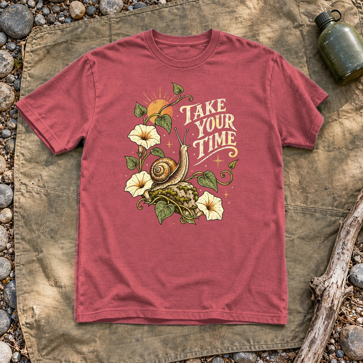 Take Your Time Snail Botanical Graphic Tee on Heather Red Everyday Soft Tee