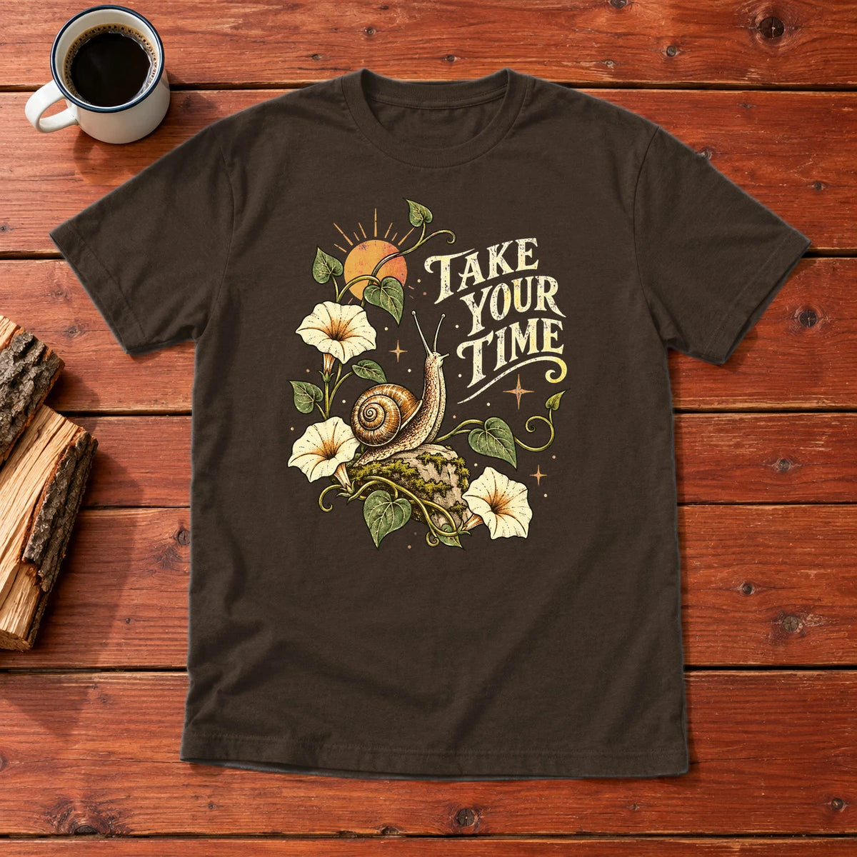 Take Your Time Snail Botanical Graphic Tee on Dark Chocolate Everyday Soft Tee