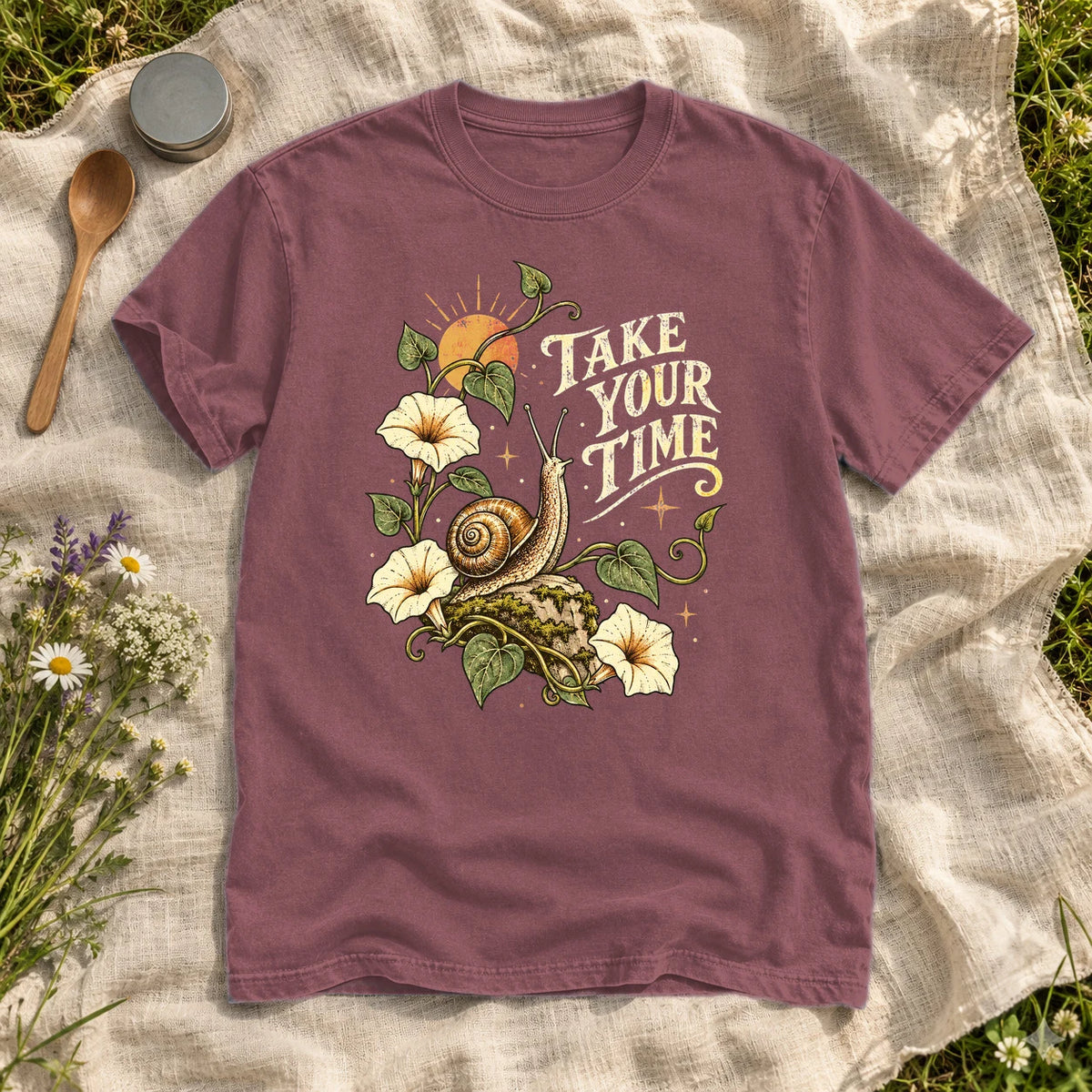 Take Your Time Snail Botanical Graphic Tee on Brick Premium Tee