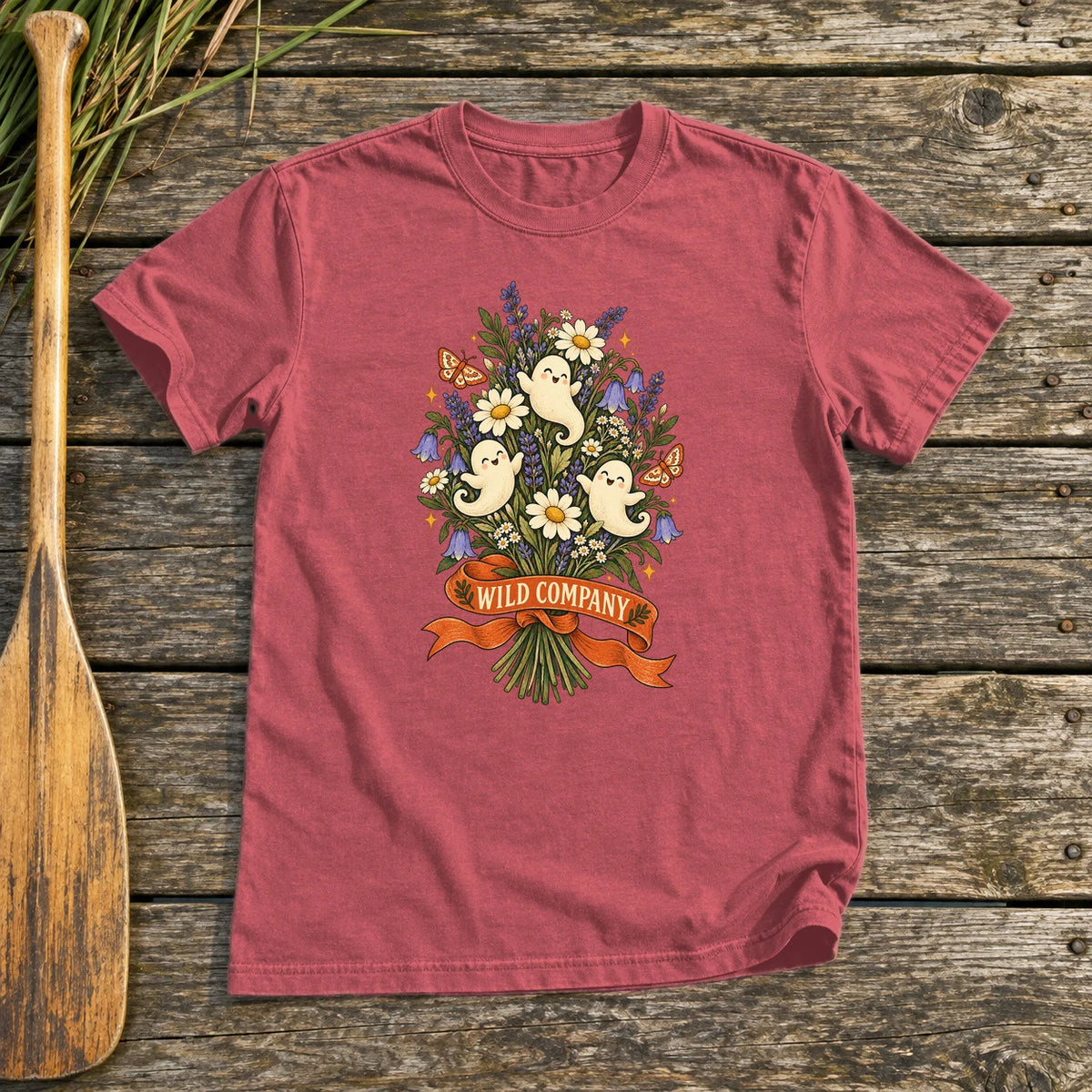 Wild Company Ghost Bouquet Graphic Tee on Heather Red Everyday Soft Tee