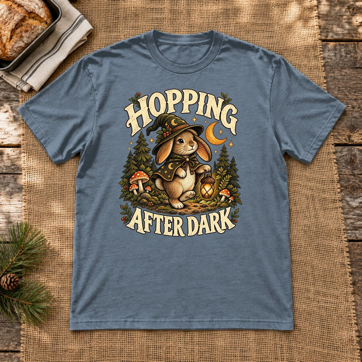 Hopping After Dark Witch Bunny Graphic Tee on Heather Indigo Everyday Soft Tee